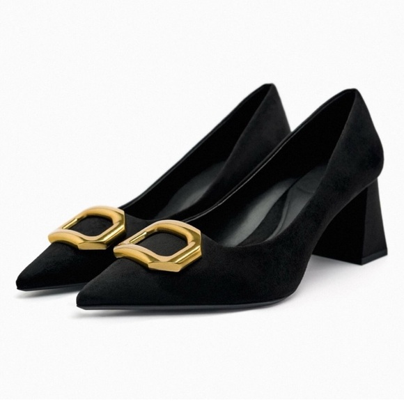 Zara Shoes - Zara Black Suede Pointed Toe Heels with Gold Buckle